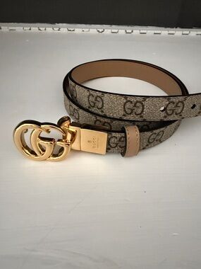 Gucci Beige Brown GG Canvas Belt with Gold Double G Buckle Reversible!
